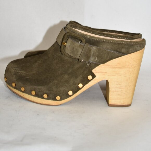 $440 VERONICA BEARD DACEY Buckle Clogs MULE PLATFORM SUED OLIVE 9.5 (MF10) - Picture 4 of 7